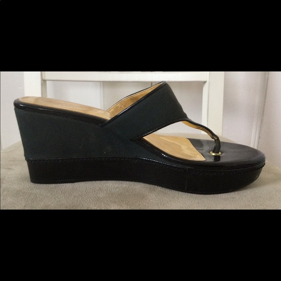 Vintage Coach Platform Wedge Shoes: Black & Gold, Genuine Retro, Thongs, Sz. 7.5 - Picture 4 of 6